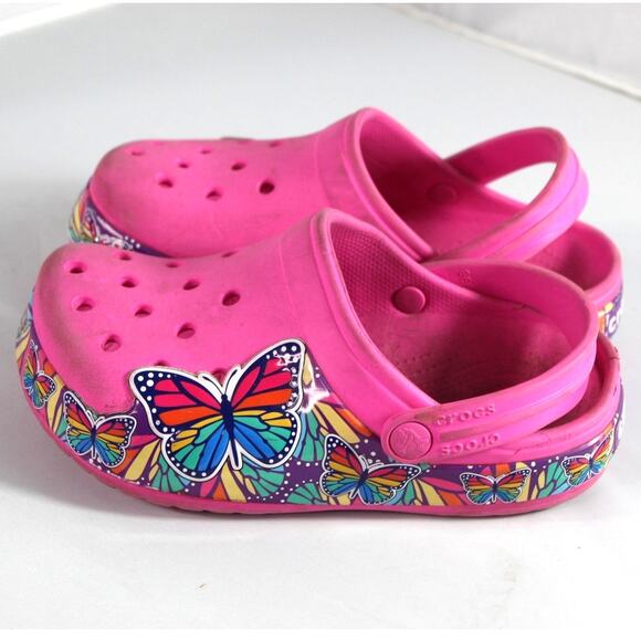 CROCS Other - Crocs FunLab Multi-Butterfly band Kinds Clog Electric pink AS IS size J2 rainbow